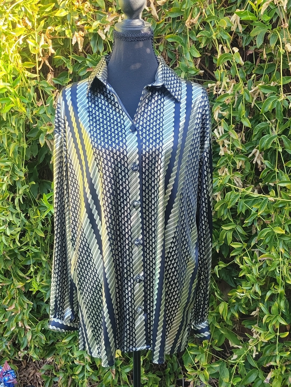 Vintage Geometric Metallic Satin Button Down Blouse Made In USA SZ M